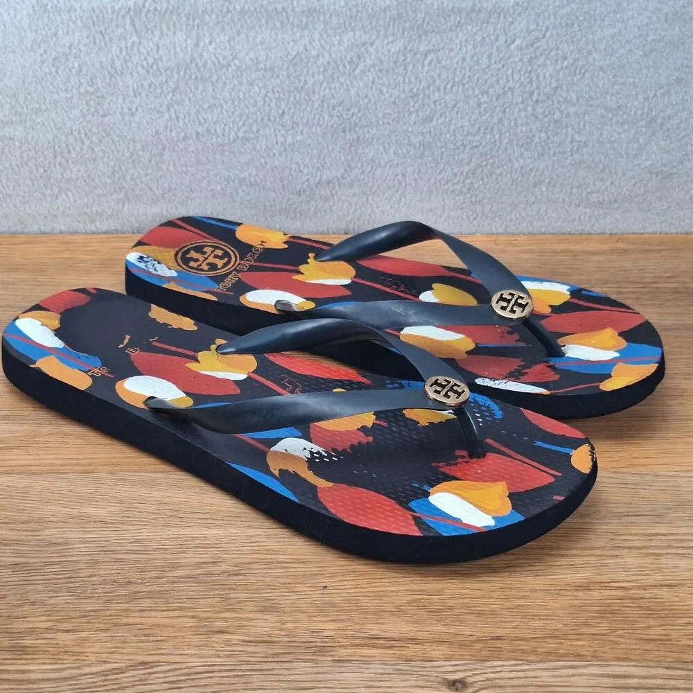 Tory Burch Women's 11 Thin Flip Flops Navy Blue Floral Print Logo Thongs Sandals